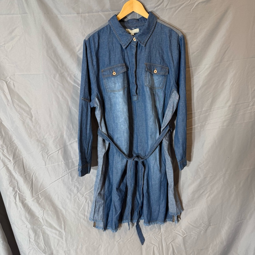 J Gee Woven Peasant Mini Dress Boho Collared Stone Wash Blue Solid Plus 2X NEW